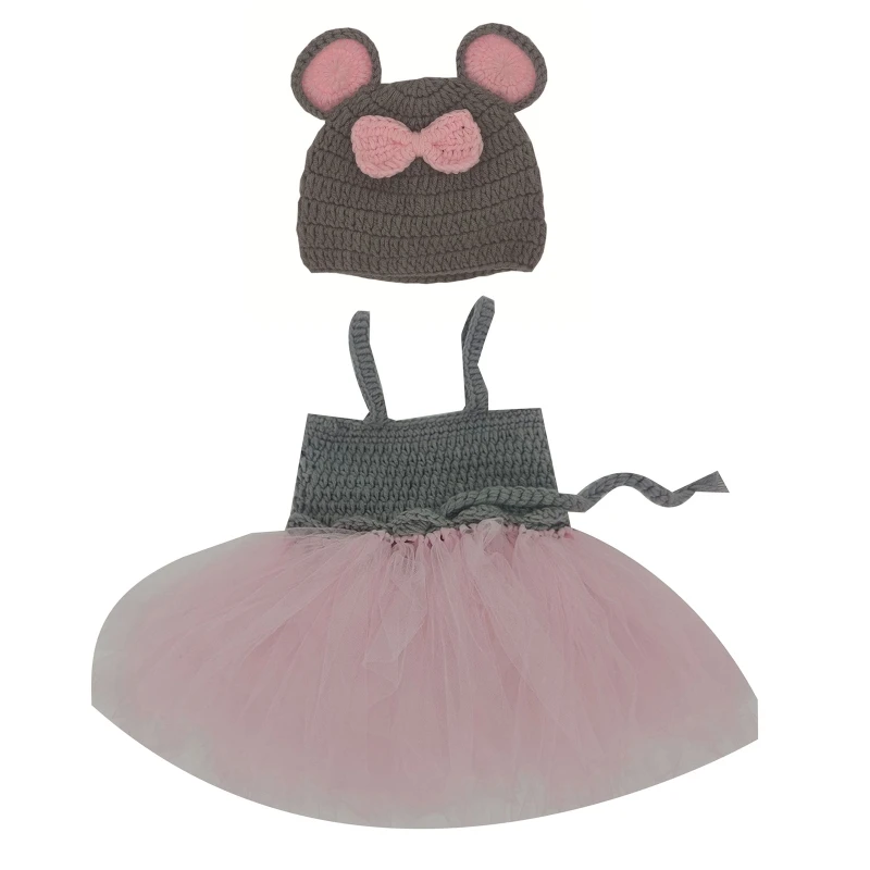 

2 Pcs/Set Newborn Photography Props Outsuits Baby Knitted Mesh Tutu Skirts Hat