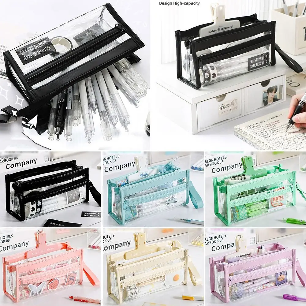 

Solid Color Transparent 4-layer Large Capacity Pen Bag Pencil Box Stationery Organizer Pen Case
