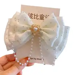 Elegant Pink Pearl Bow Hair Accessory (Beige)