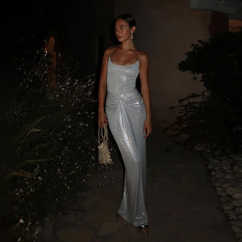 Spaghetti Strap Sexy Backless Maxi Dress Outfits Women Elegant Birthday Vestido 2025 New Club Party Ruched Dresses Female