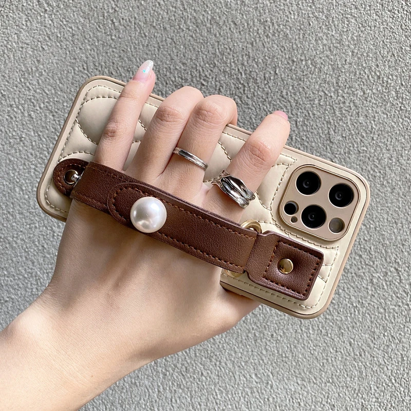 Fashion PU Leather Pearl Wrist Strap Stand Case For iPhone