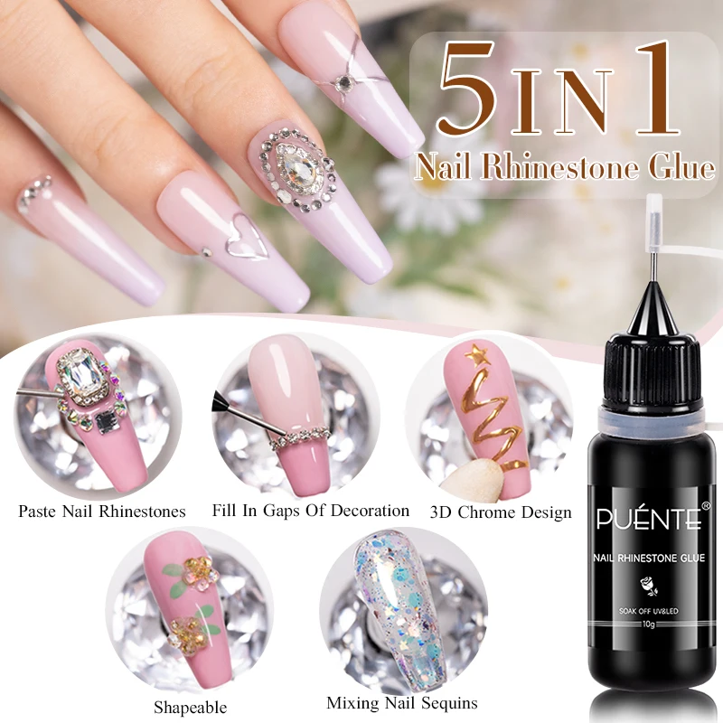 PUENTE 5 In 1 Nail Rhinestone Gel Glue For Stick The Drill Tranparent 10g Soak Off UV Nail Art Gel Polish Strong Adhesive Glue