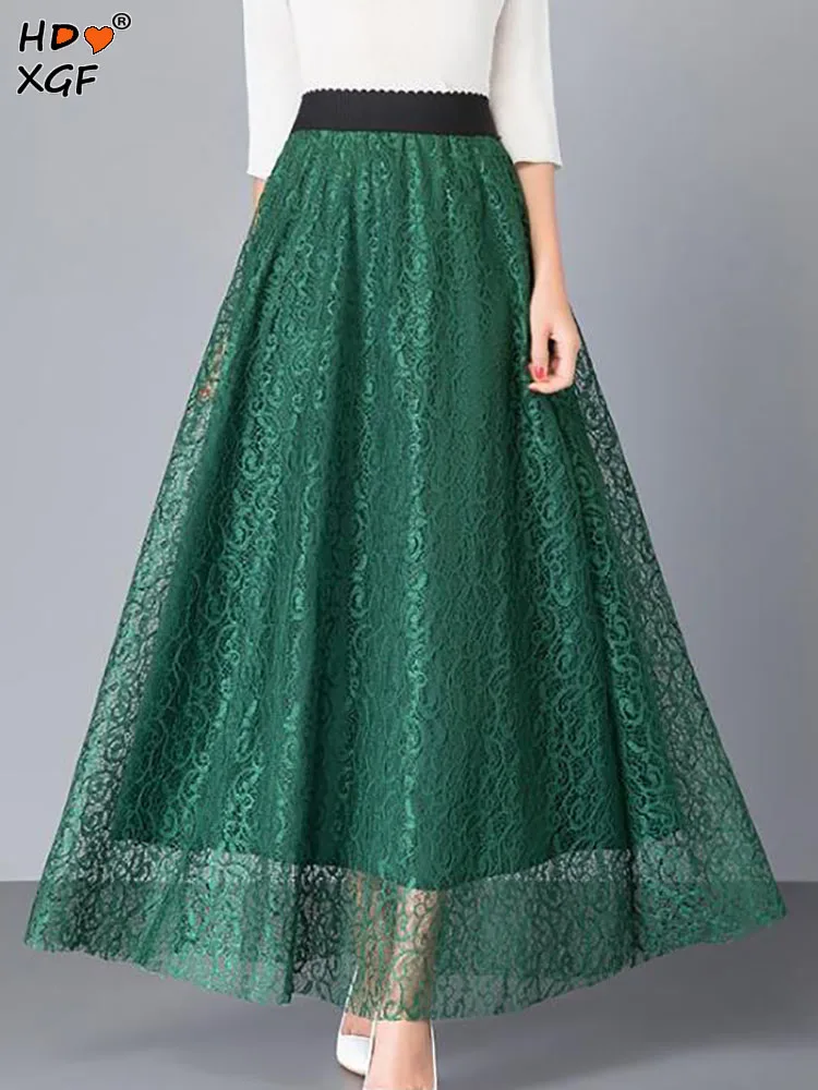 

Elegant Lace Pleated Fairy Midi Skirts For Women Spring Autumn Retro Elastic A-line High Waist Long Skirt Casual All-match Skirt
