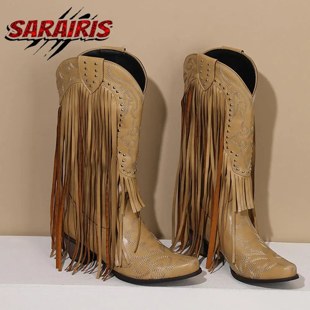 

Women Boots Comfy New Fashion Ethnic Mid Calf Patchwork Strange Style Rivet Western Boots Casual Fringe Stylish Shoes For Women