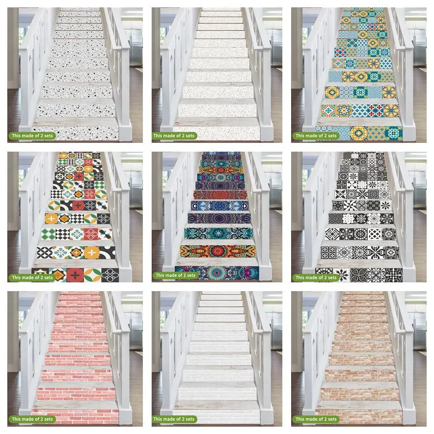 7/14pcs Terrazzo Brick Pattern Stairs Sticker Self Adhesive Riser Stair Decal Home Decor Tile Sticker Geometric Staircase Mural