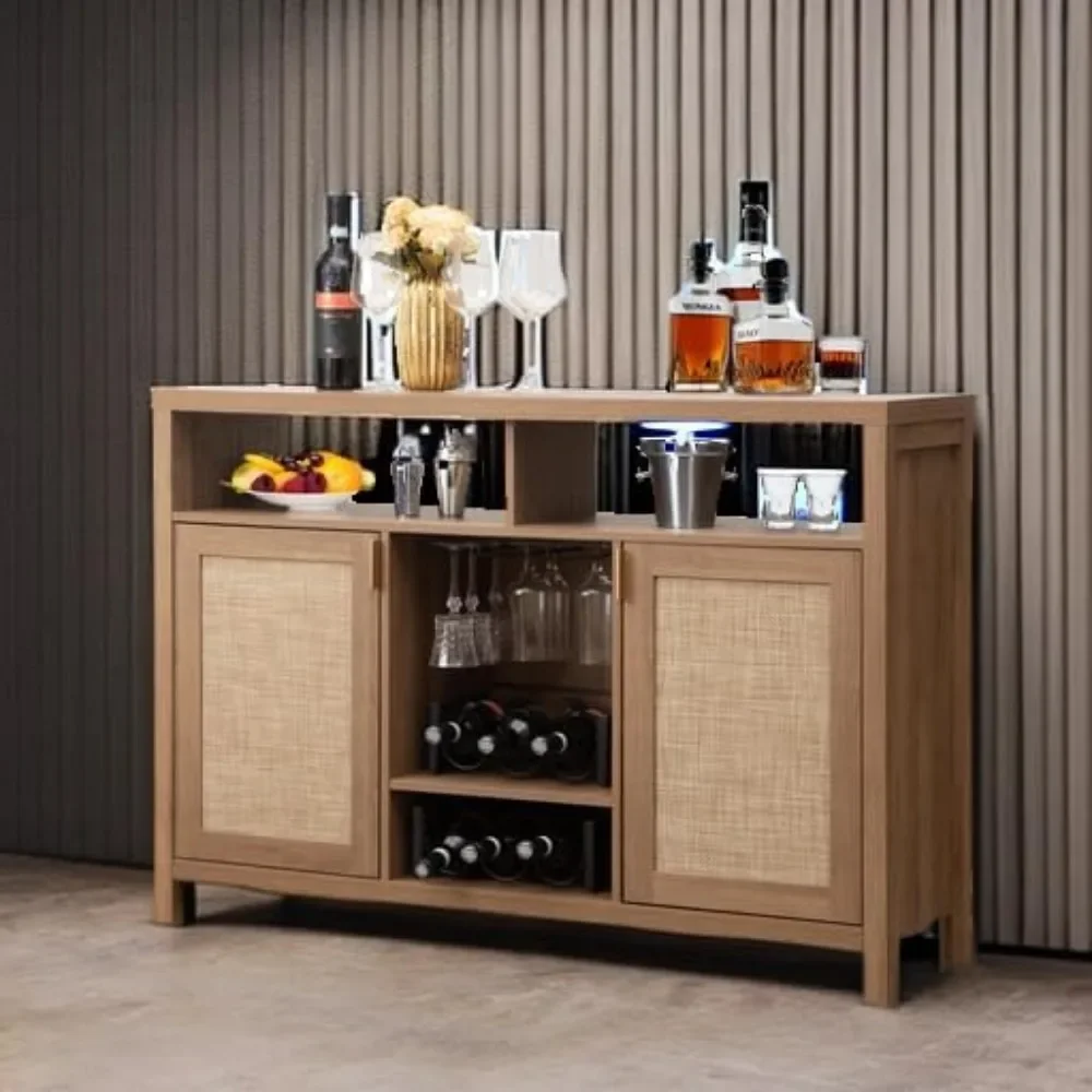 Coffee Bar Cabinet, Rattan Sideboard Buffet Cabinet with Storage, Boho Farmhouse Liquor Cabinet with Wine Racks Credenza