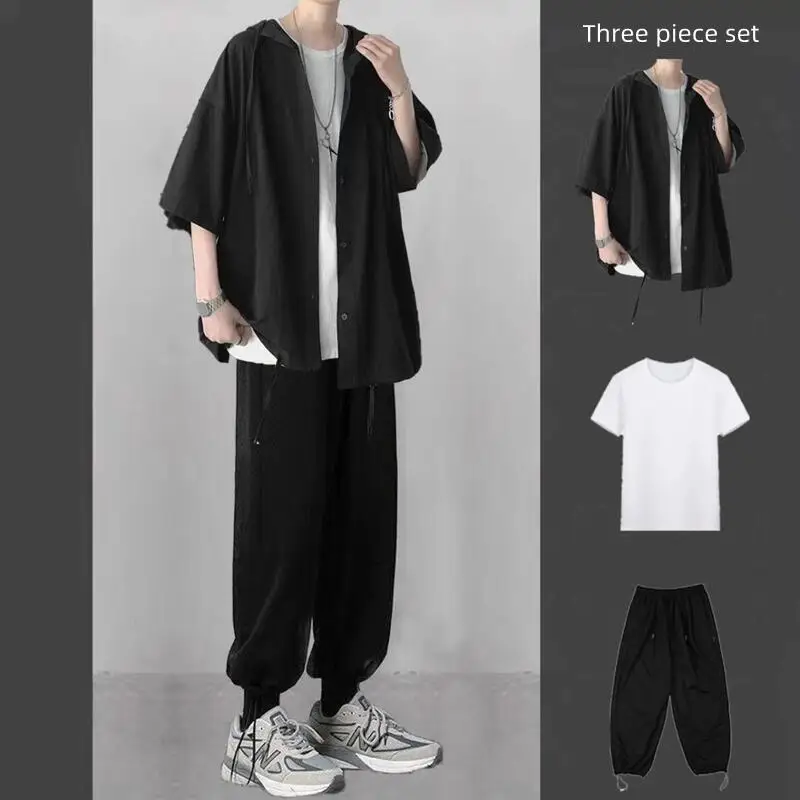 Men'S Summer Short Sleeve Suit Half-sleeve Shirt+T Shirt+ Loose Sweatpants Casual Matching Sets Trend Sports Three-piece Suit