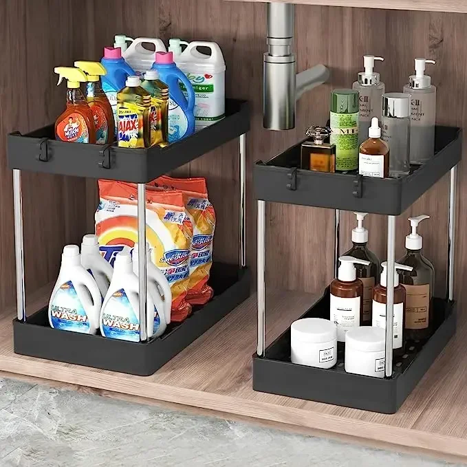 

Кухонный органайзер для хранения под раковину, 2-уровневый ящик, многофункциональная стойка, шкаф под раковину, стеллаж для хранения, органайзер для ванной и кухни