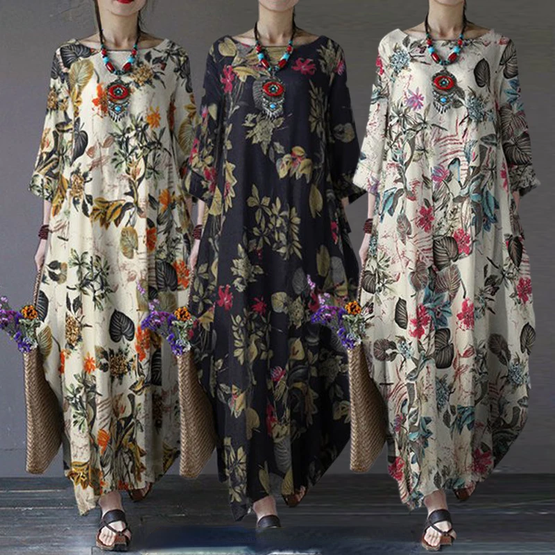 

2023 New Plus-size Abayas for Muslim Women Dress Cotton and Linen Printed Vintage Pullover Loose Crewneck Islam Abaya Moroccan