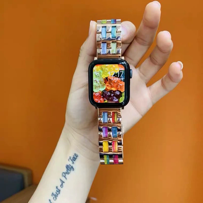 Luxury Resin Strap For Apple Watch Band 40mm 44mm 42mm Bracelet Stainless Steel Belt For iWatch 8 7 45mm 41mm iWatch 6 5 4 3 SE