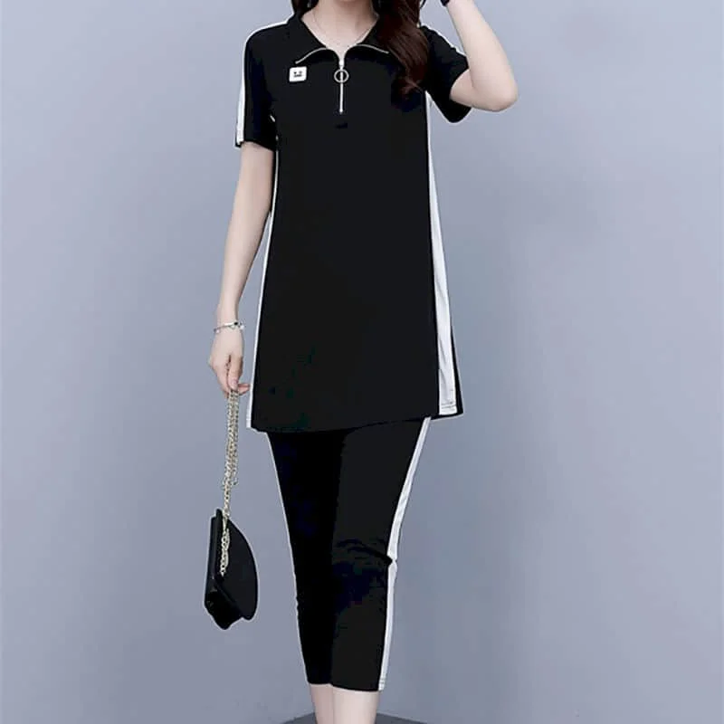 

Sporty Women Pants Sets Polo neck Short Sleeve T-shirt Korean Fashion Tracksuit Casual Tops and Pants 2 Piece Sets Women Outfits