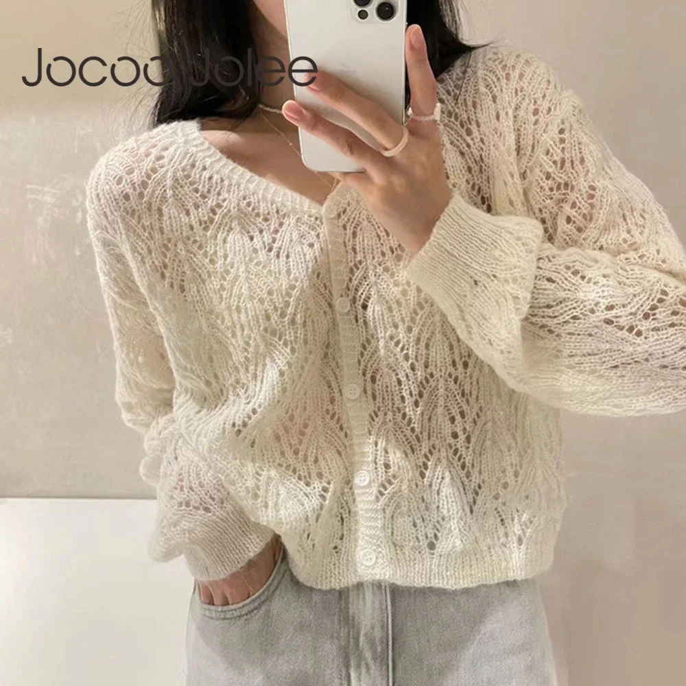 

Women Elegant Long Sleeve Mohair Light Sweater Cardigan Autumn V Neck Hollow Out Knitted Coat Casual Soft Cropped Top Streetwear
