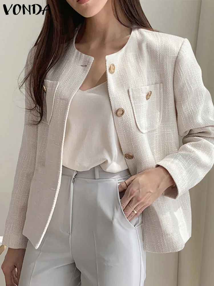 

White Blazer For Women 2023 VONDA Vintage Long Sleeve Button Down Loose Coats Femininas Outwears Female Blazer Oversized