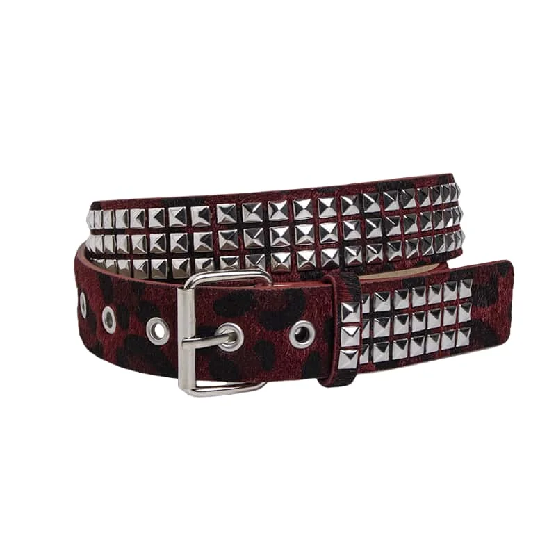 Edgy Pink Fur Rivet Belt with Brown Pin Buckle