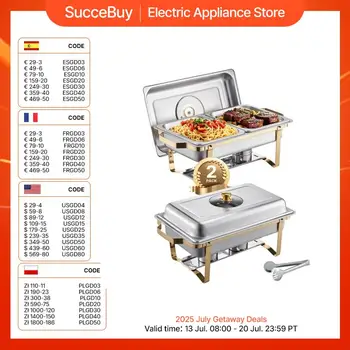VEVOR Set da Buffet per Scaldavivande 4 L Scaldavivande Rettangolare in Acciaio Inox, Confezione 2, con 4 Padelle Dimezzate, Coperchio in Vetro, Supporto Pieghevole per Teglia per Acqua e Carburante 1