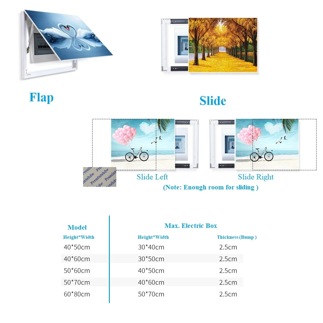 Wall Electric Box Gas Strut Flap Ball Bearing Slide Cover Access Panel With Decorative Picture Photo