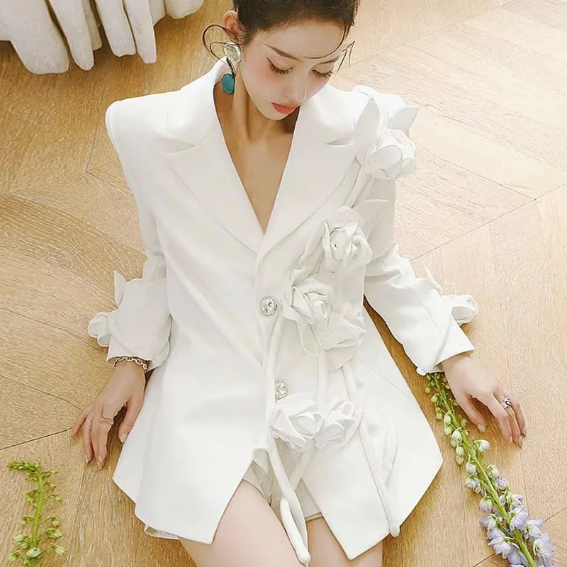 Plus Size 2024 All Season Elegant Women New Casual Fashion Long Sleeve 3d Rose Flower Appliques Button Loose Casual White Blazer