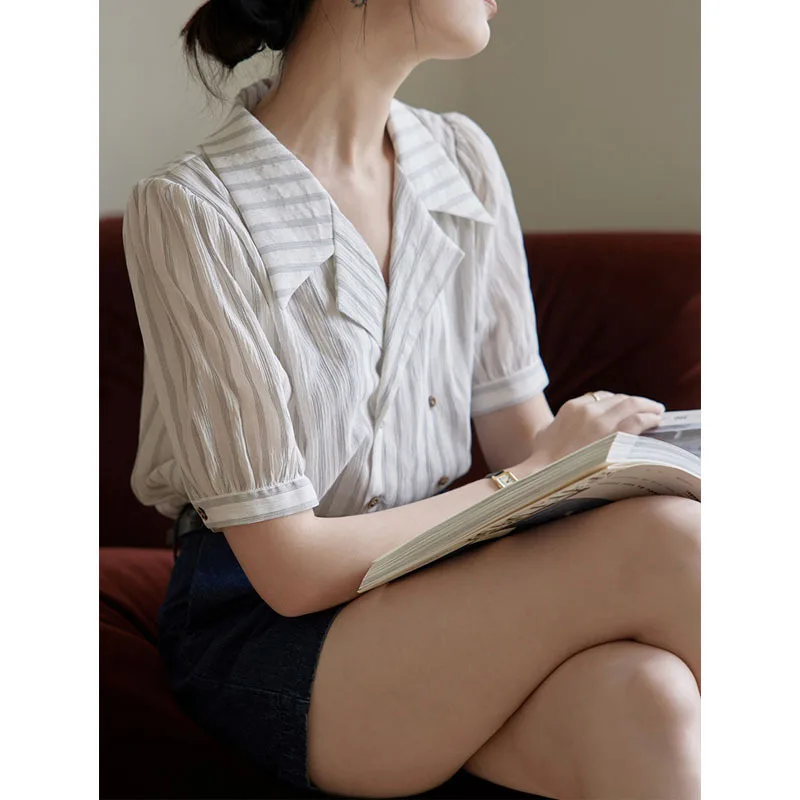

Short-Sleeved Shirt Summer New Striped French Vintage Suit Collar Top Shirt
