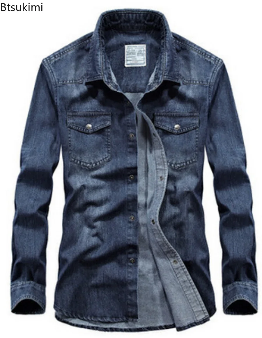 Men's Denim Jeans Shirt Long Sleeve 100% Cotton Casual Jean Shirt Top Male Shirts Plus Size 4XL