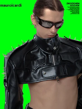 Mauroicardi primavera autunno Cool Handsome Black Cropped Pu Leather Jacket Men Rivet Zip Up Runway stile Punk moda europea 1