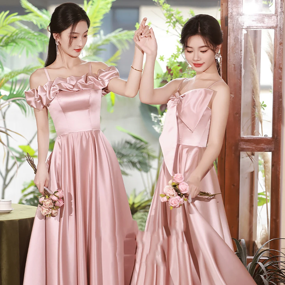 Bridesmaid Dress Women Banquet Evening Gown Off The Shoulder Elegant Ladies Sisters Formal Party Dresses Luxury Pink Satin
