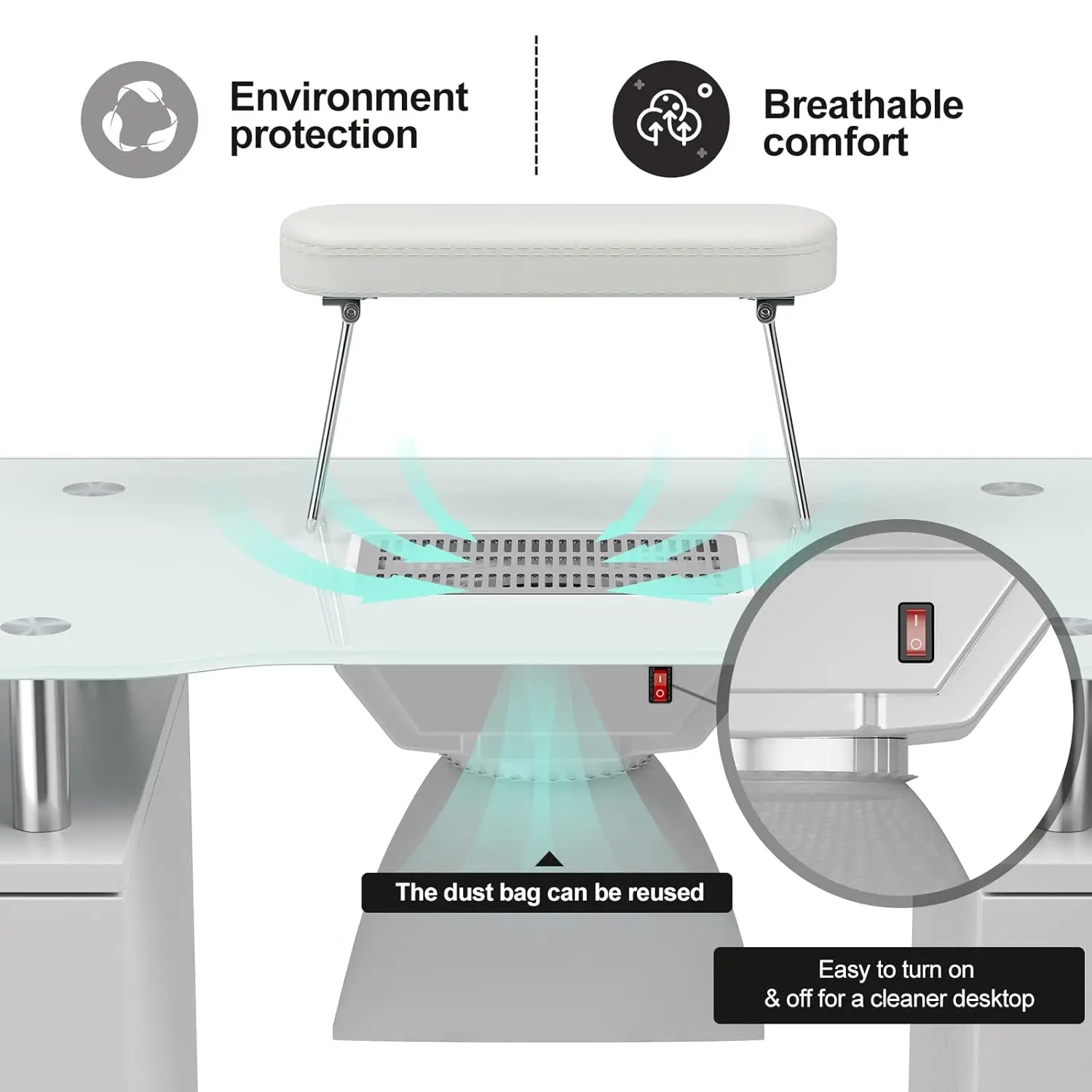 Manicure Table with Glass Top Foldable Arm Rest Lockable Wheels Storage Drawers for Nail Tech White Built-in Electric Vent