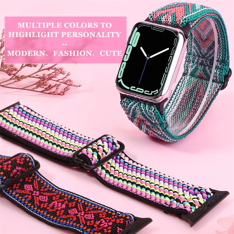 Nylon Strap for Apple Watch Band Ultra2-1 49mm 41mm 45 mm 38/42 Bohemian Elastic Bracelet iWatch Series 9 8 7 6 5 4 3 Se 40/44mm