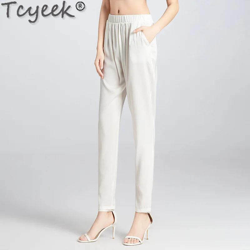 

Tcyeek 100% Mulberry Silk Harem Pants High Waisted Pants for Women Thin Style Summer Pants Long Trousers Woman Streetwear 2024