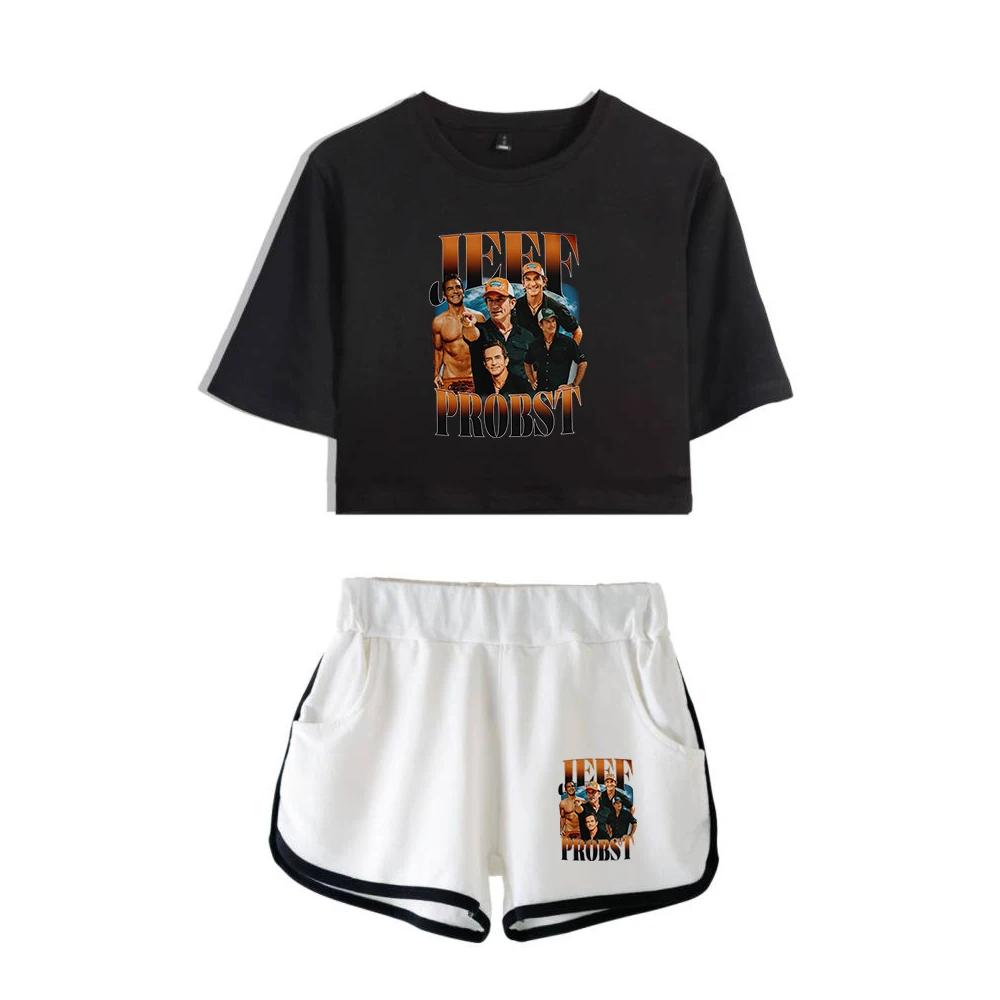 

Jeff Probst Survivor Tv Series 90s Vintage Two Piece Set Short Sleeve Crop Top Navel Tee+Shorts Women's Sets