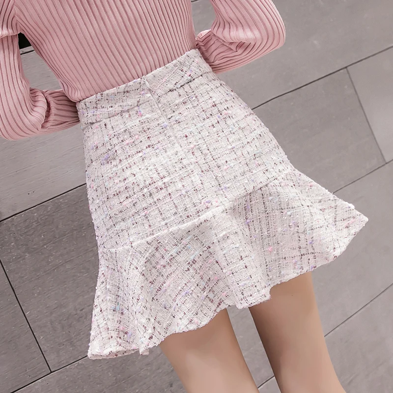 Women Autumn Winter Mini Pencil Skirts Korean High Waist Elegant Tweed Skirts 2023 Lady New OL Mermaid Plaid Wool Tweed Skirts