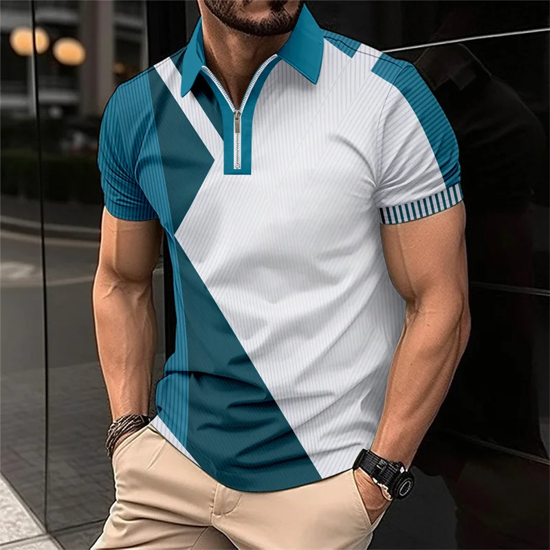 

Summer Men's Zipper Print Short Sleeve Casual T-shirt Fashion Flip Collar Color Matching Loose Fit Polo Shirt Top