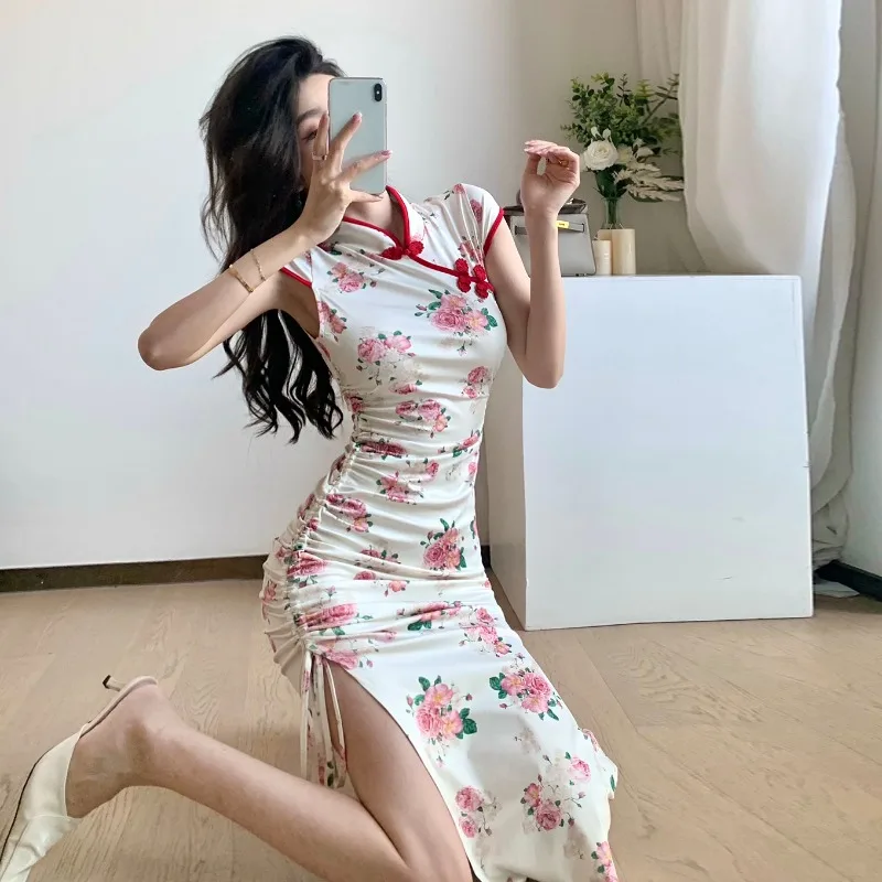 

Женское платье-Ципао с цветочным принтом, элегантное облегающее длинное платье в стиле ретро