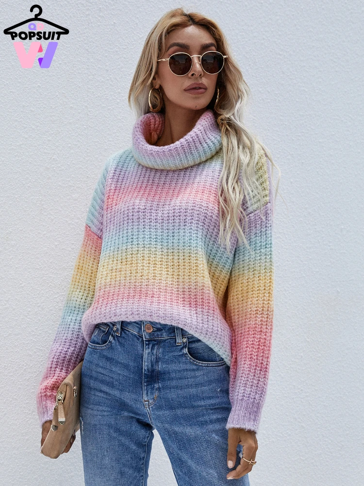 

New Autumn Winter Women Sweater Fashion Rainbow Tops Turtleneck Long Sleeve Soft Warm Knitted Pullover Tie Dye Colorful Sweaters