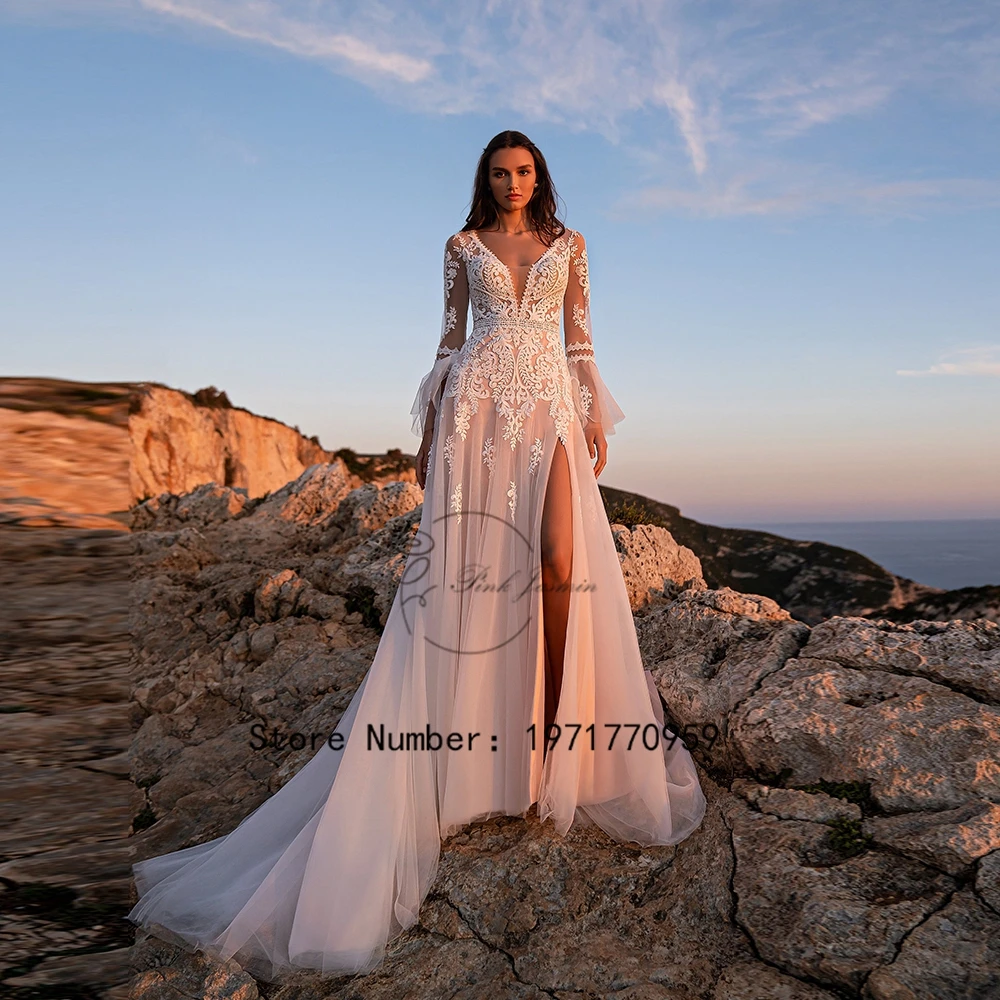 

Beach Boho Full Sleeve Applique Elegant Wedding Party Gowns Custom Made Destination V-Neck Rustic Long A Line Bridal Dress