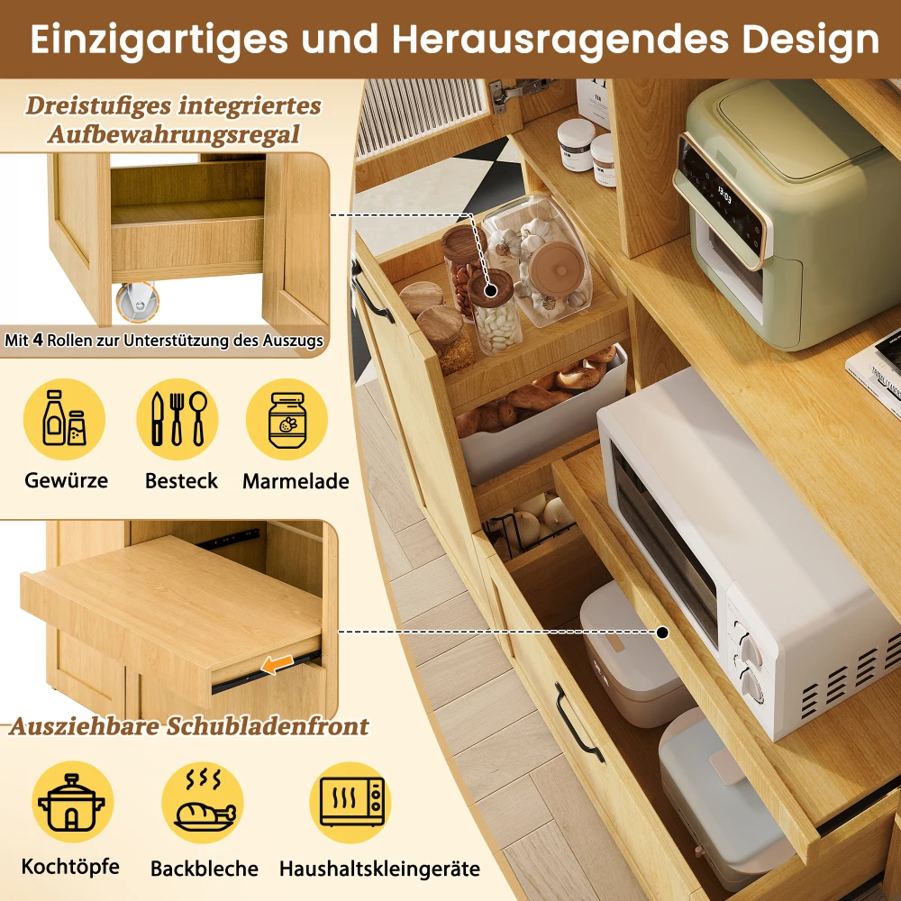 Modernes Highboard-Küchenschrank Multifunktionaler Aufbewahrungsschrank mit Verstellbaren Regalen Ausziehbarem Regal Gehärtetem Glas – Detail 20