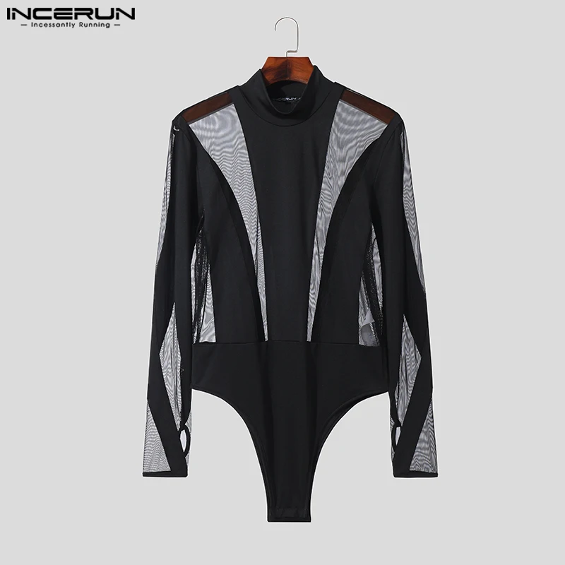 INCERUN Sexy Fashion Style Men's Jumpsuits Splice See-through Mesh Rompers Casual Party Shows Thimble Long Sleeve Bodysuit S-5XL