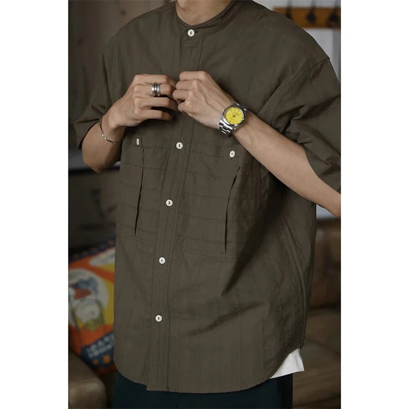 

Second Order Banded Collar Shirt For Men Casual Short Sleeve Button Down Shirts