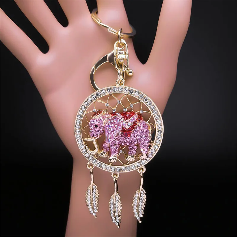 Rosa Kristall Elefant Traum fänger Feder Schlüssel anhänger Frauen Legierung Strass Traum fänger Tier Schlüssel ring Tasche Schmuck k9022s04