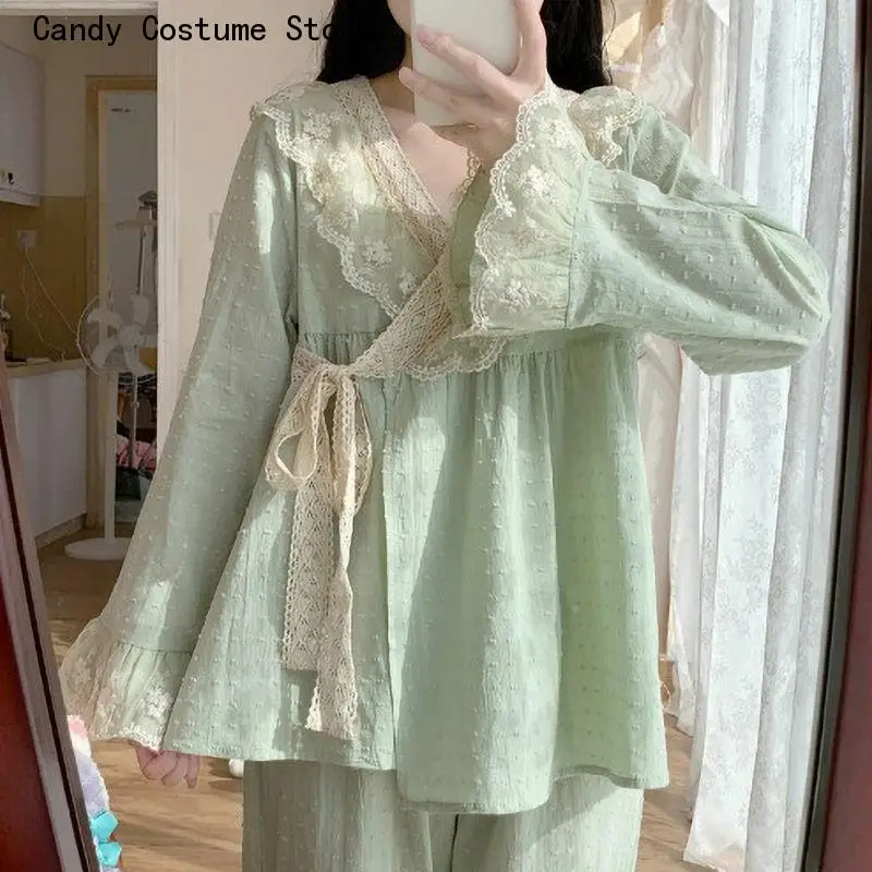 Fairy V-neck Lace Spring Pajama Sets Women Sashes Loose Elegant Tender Stylish Chic Japan Sleepwear Lounge Ins Kimono Designed