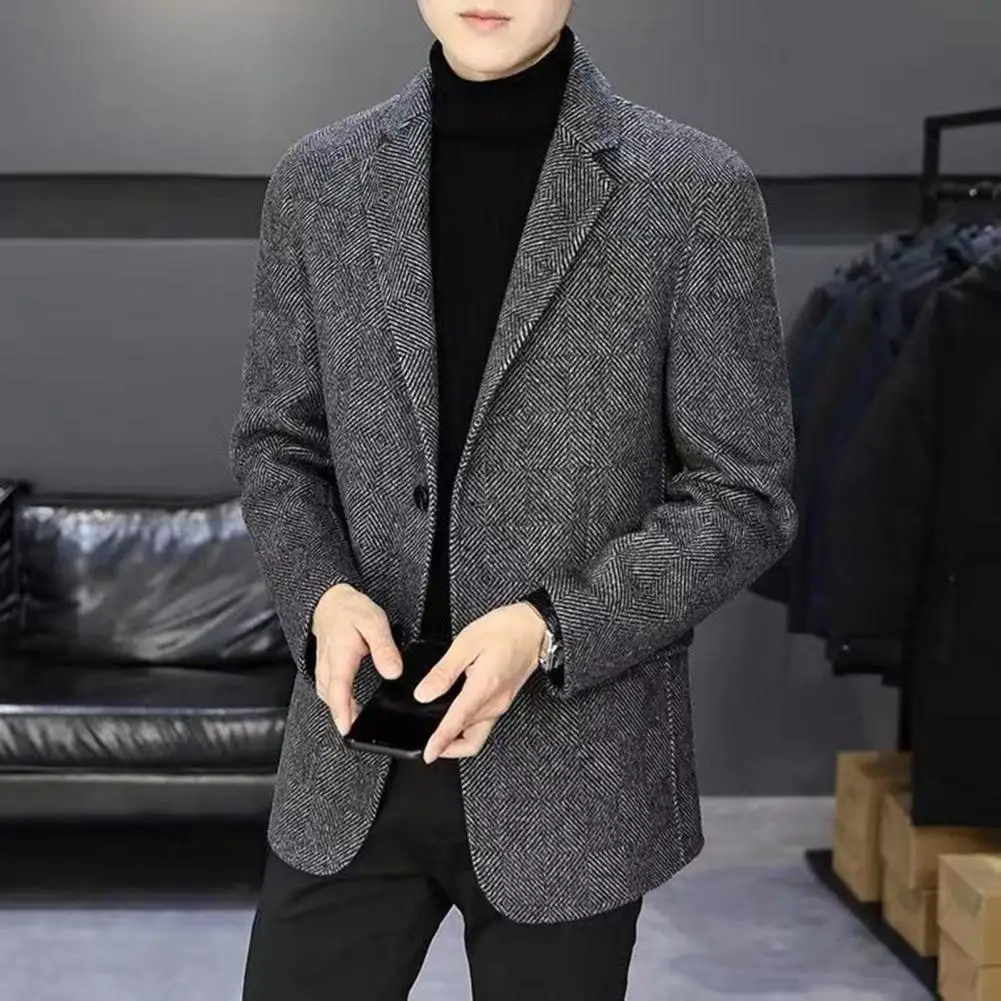 Men Suit Coat Lapel Long Sleeve Two Buttons Business Jacket Slim Fit Solid Color Autumn Winter Woolen Outerwear