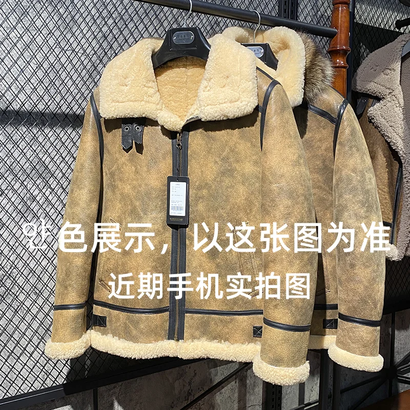 2023 고귀한 스타일의 아름다운 가죽 원래 생태 양가죽 및 모피 남성 가죽 코트 후드 미국 너구리 개 목걸이 겨울 코트