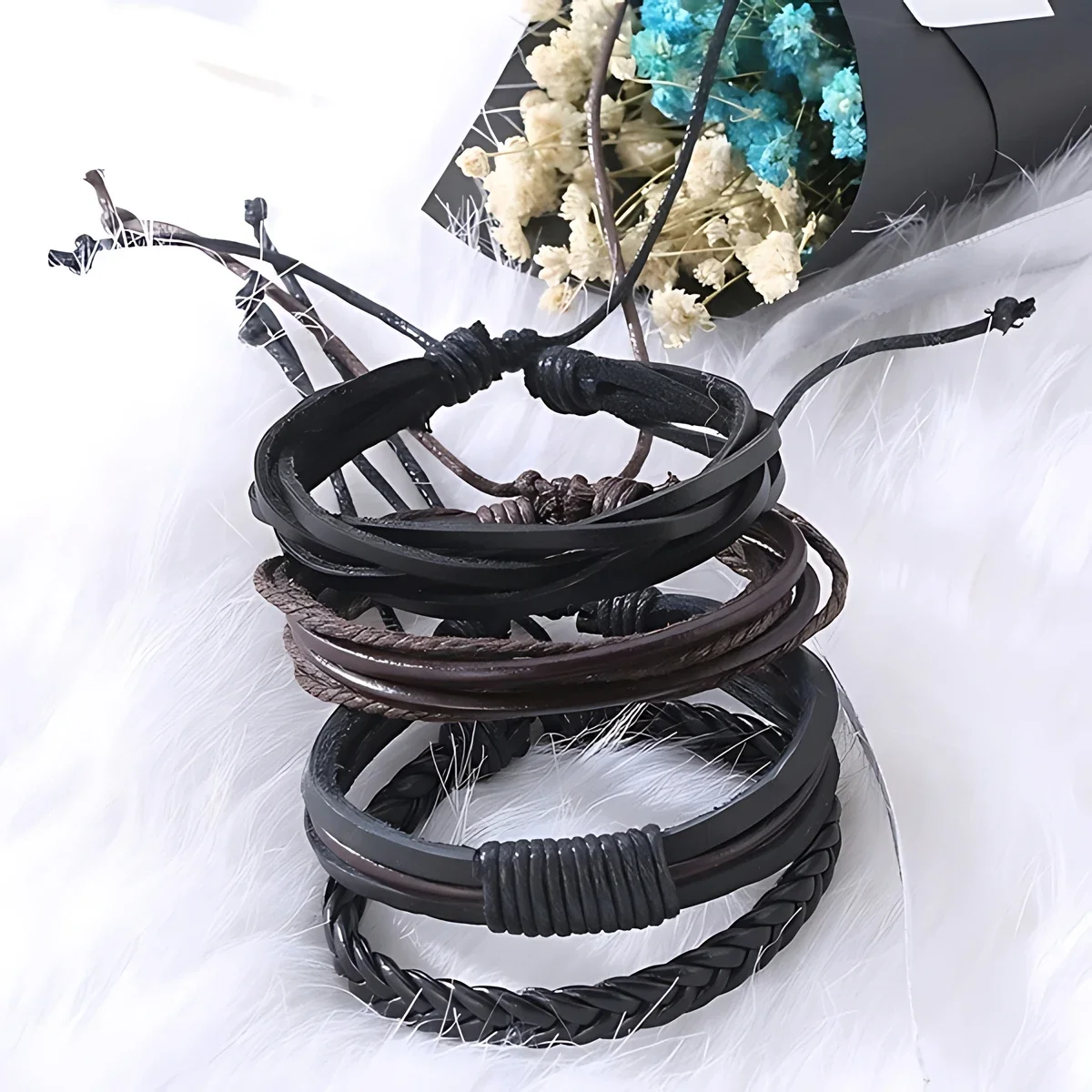 Men's Stylish Leather Bracelet Set - Fashionable Bangles Jewelry Gift