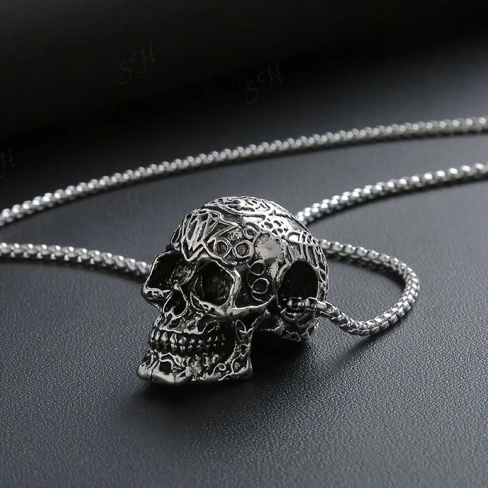 Vintage Hip-Hop Punk Schädel Anhänger Halskette für Männer Legierung Stahl Retro-Stil Schädel Anhänger Halskette Schmuck Geschenke – Detail 1