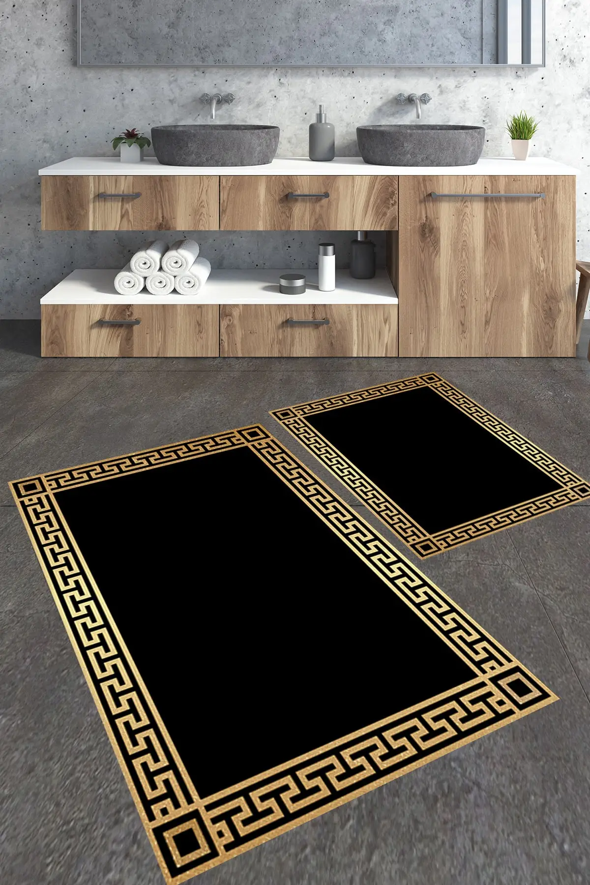 

2 Large Size Bathroom Mat With Silvery Gold Framed Base Black Non-Slip Base Digital Print Mat Textile Home & Furniture