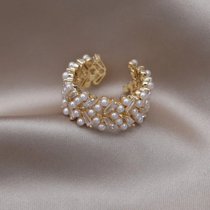 Korean Hot Fashion Jewelry Copper Set Zircon Pearl Ring Elegant Women's Daily Work Opening Adjustable Accessories Silver Ring Silver Rings
