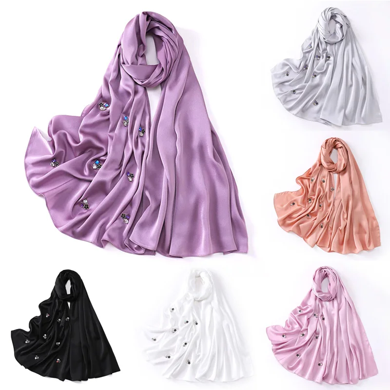 

Casual Beads Bubble Chiffon Headscarf Solid Color Soft Instant Hijab Korean Versatile Long Shawl Wrap Diamond Flower Decoration