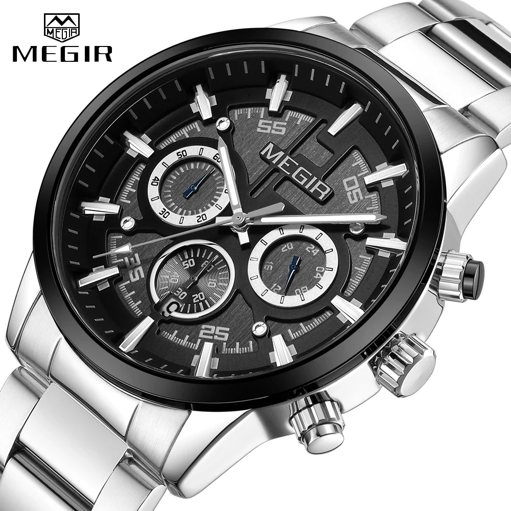 

MEGIR Watches Men Luxury Stainless Steel Business Quartz Chronograph Waterproof Army Sport Wristwatches for Male Auto Date 2220