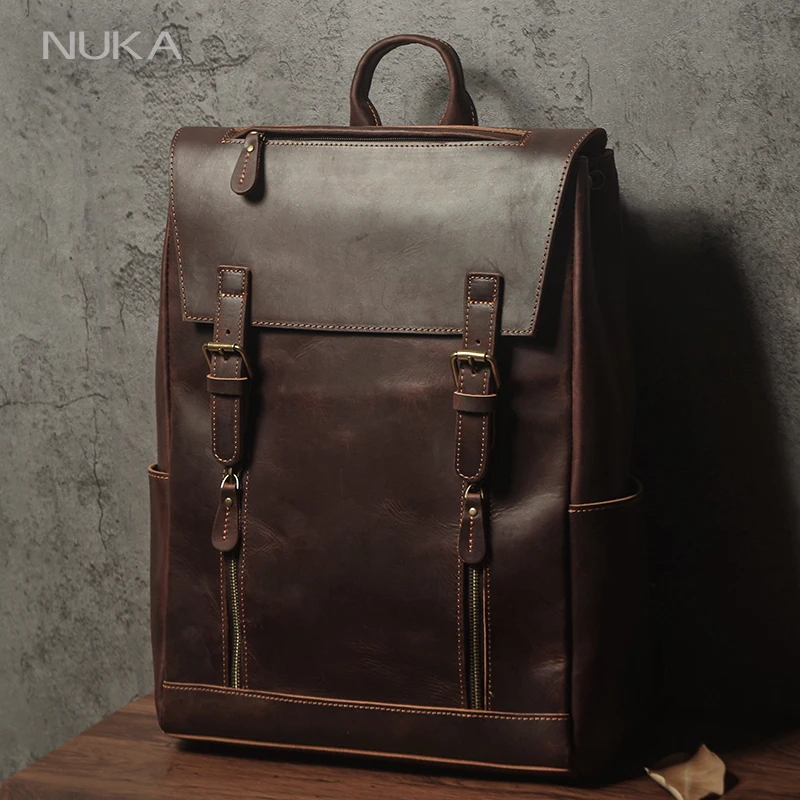 NUKA Men's Genuine Leather Backpack Vintage Outdoors Travel Bag Luxury Crazy Horse Cowhide Schoolbag Mountaineering Backpack 1