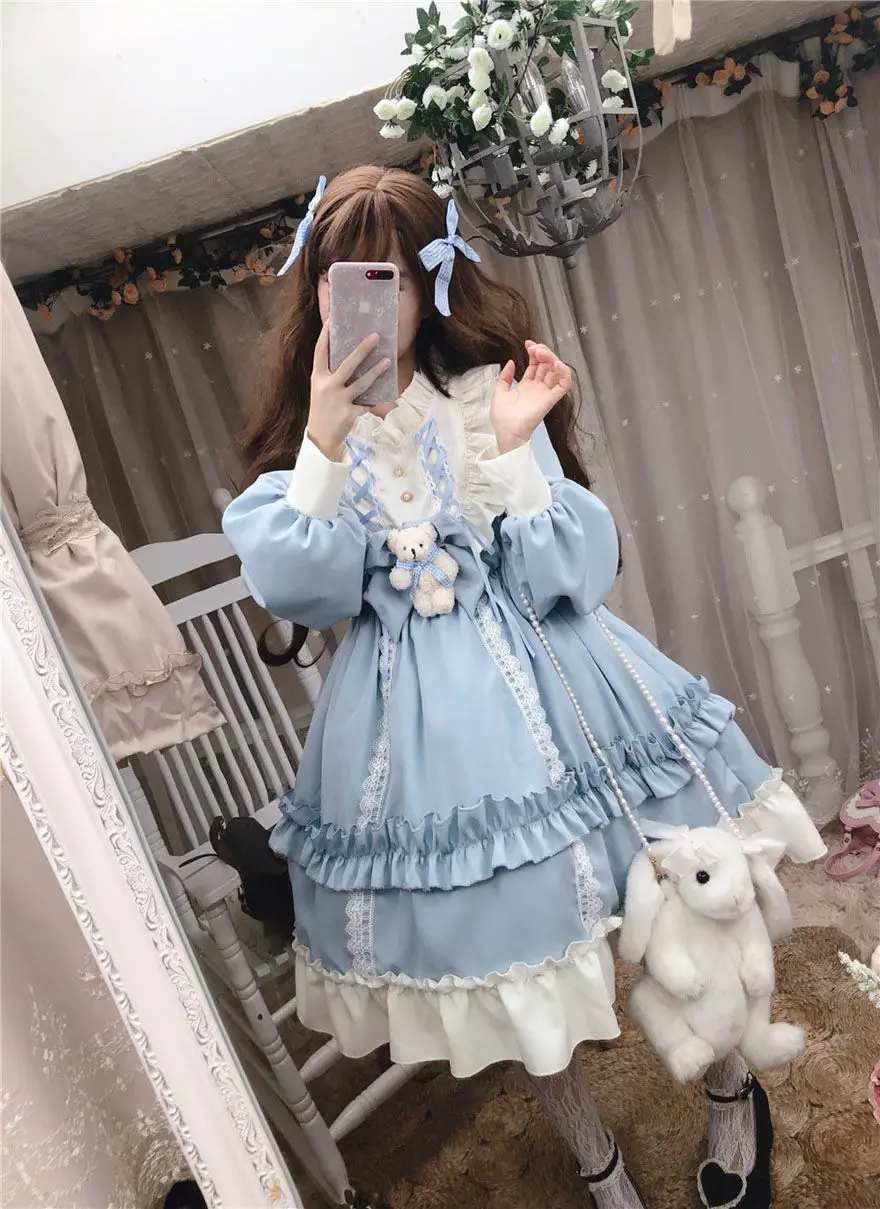 Lolita Vestido Japonês Gótico Feminino Kawaii Arco Urso Laço Azul Vestido de Manga Longa Princesa Traje de Halloween Melhor Presente para Meninas 6 Computers e Electronics