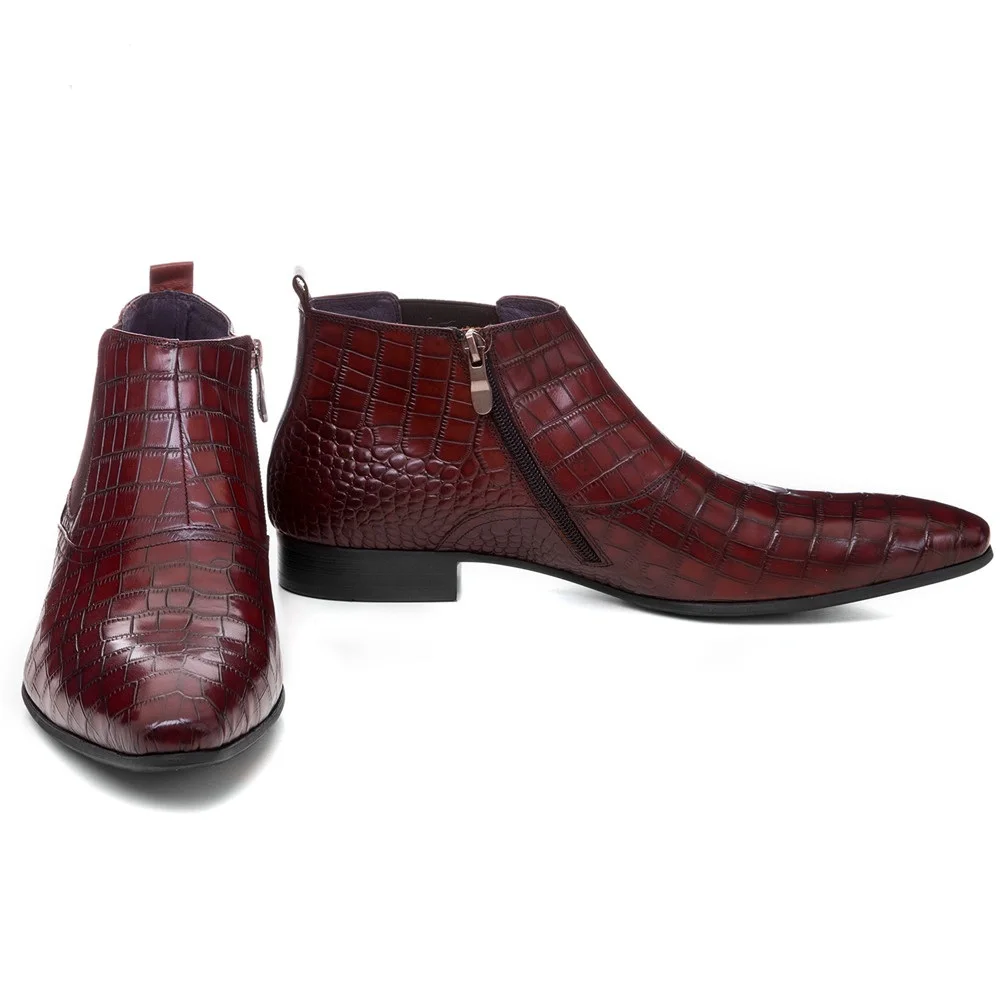Men Crocodile Grained Retro Chelsea Boots Genuine Leather Business Dress Shoes